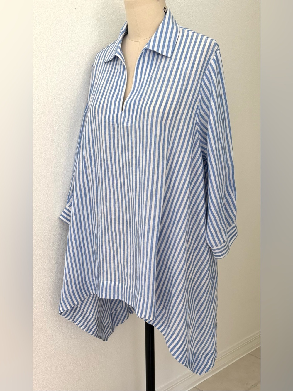 Pine Cone Hill Annie Selke Tunic NWOT Pull-Over Linen Blue White Oversized S/M